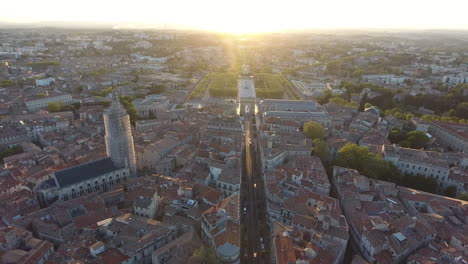 Drone-shot-towards-park-Peyrou-in-Montpellier-sunset-time